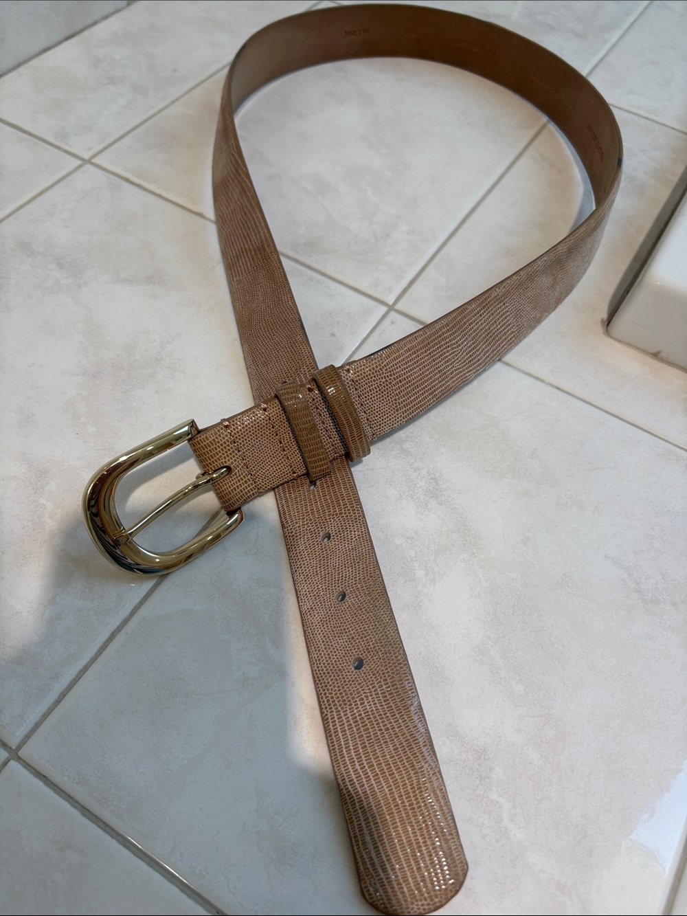 Ann Taylor Taupe Textured Leather Belt with Gold Buckle - Picture 10 of 10